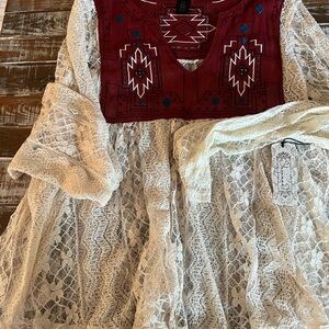 Shyanne Cream Lace Tunic with Burgundy Embroidered Yoke